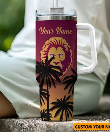 Personalized Lion Tumbler with Handle - Custom Name & Tropical Design