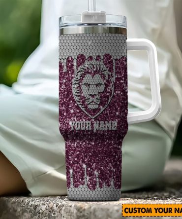 Custom Name Lion Tumbler with Handle - Personalized Glitter Travel Mug
