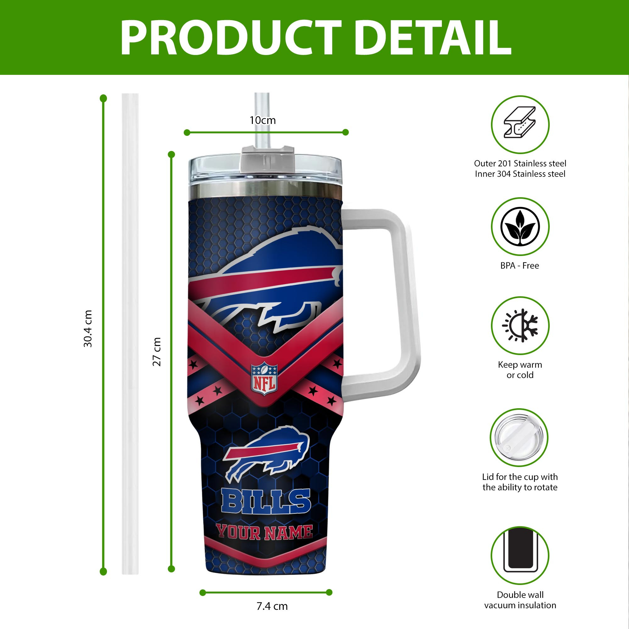 NFL Team Custom Tumbler with Handle & Straw - Personalized Sports Fan Gift - Image 2