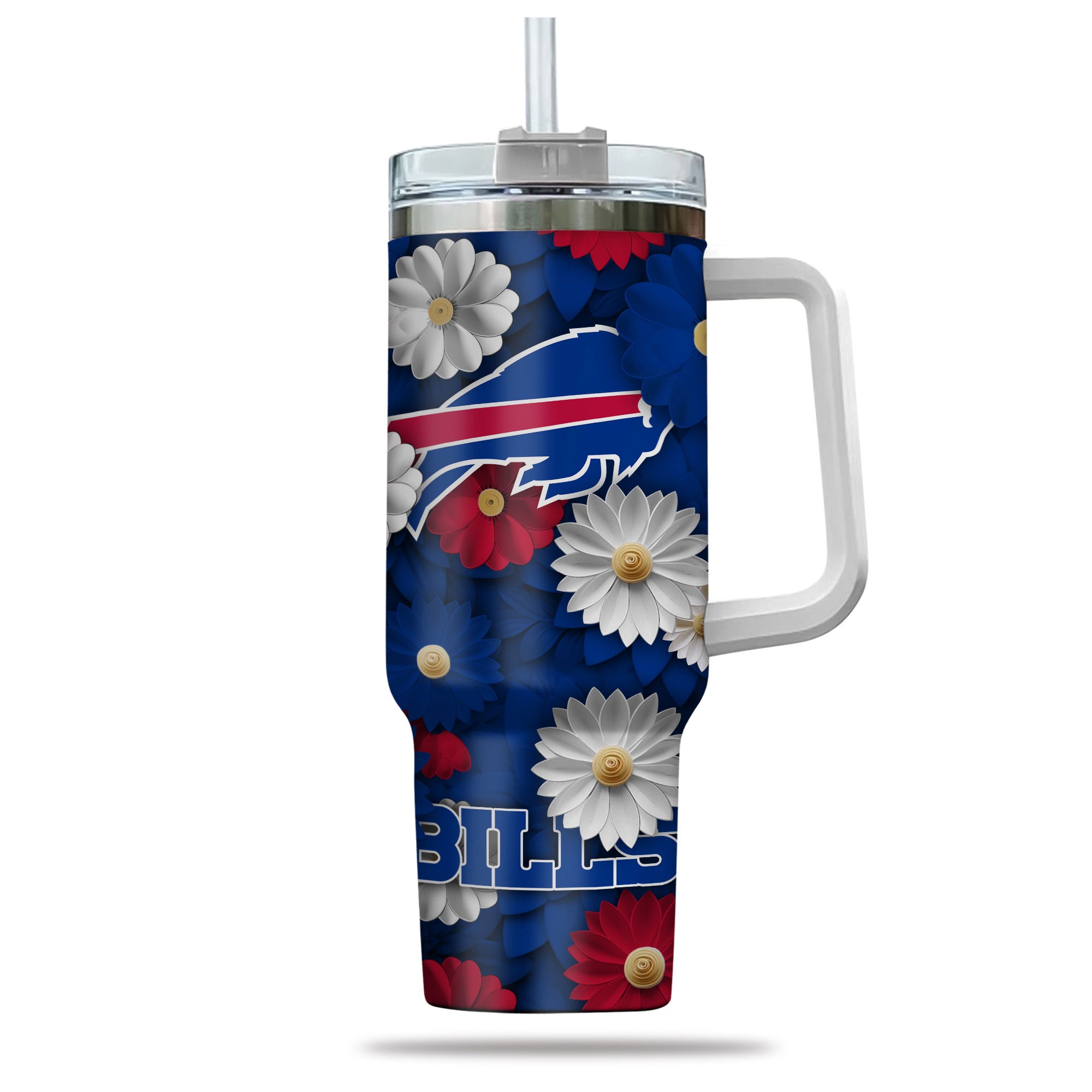 Floral Sports Team Tumbler with Handle - Insulated Travel Mug with Straw - Image 2