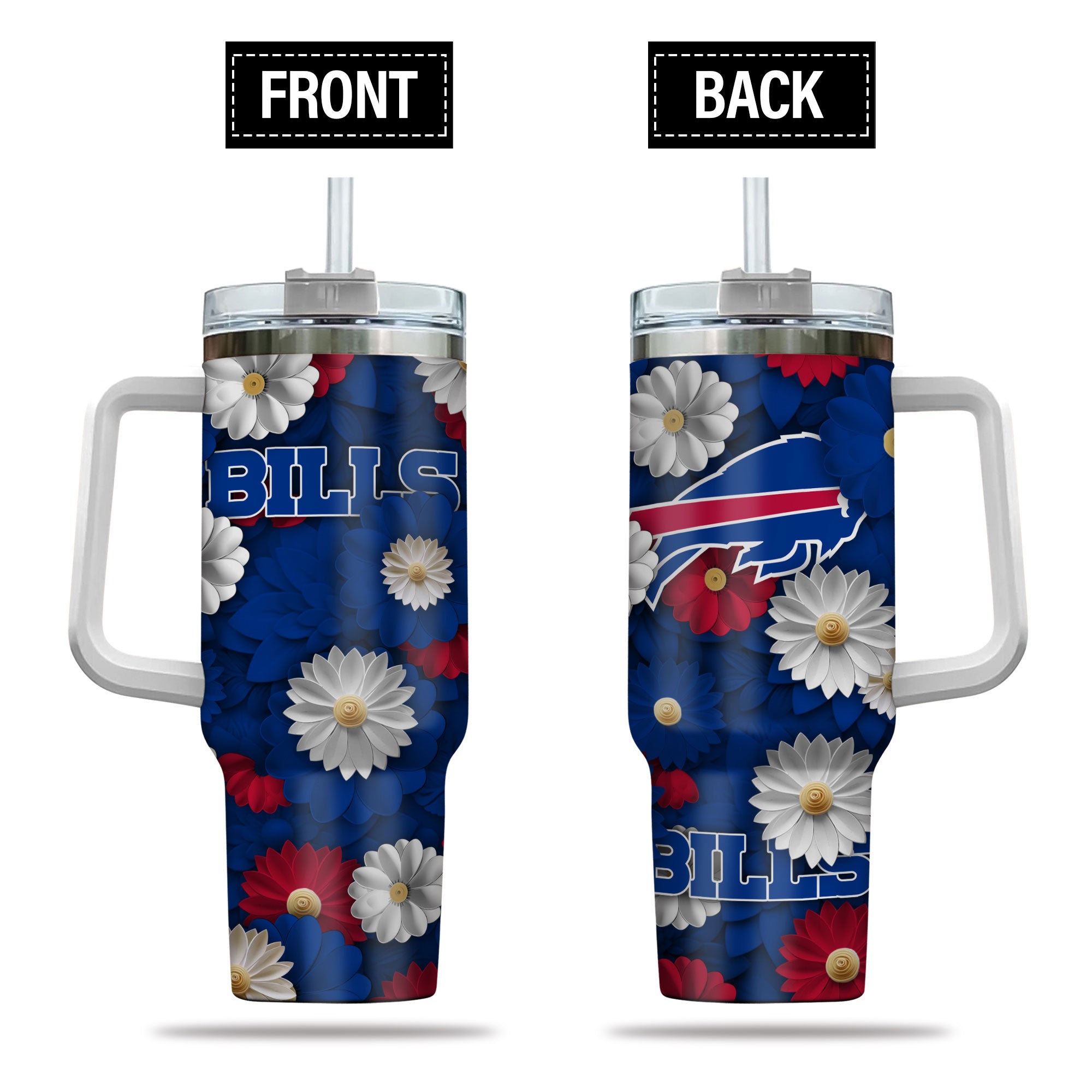 Floral Sports Team Tumbler with Handle - Insulated Travel Mug with Straw