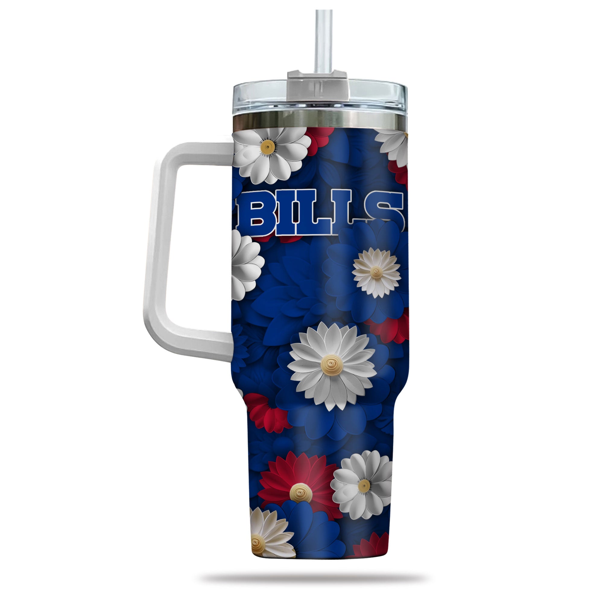 Floral Sports Team Tumbler with Handle - Insulated Travel Mug with Straw - Image 3