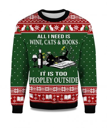 2025 All I Need Is Wine Cats And Books Black Cat Ugly Christmas Sweater