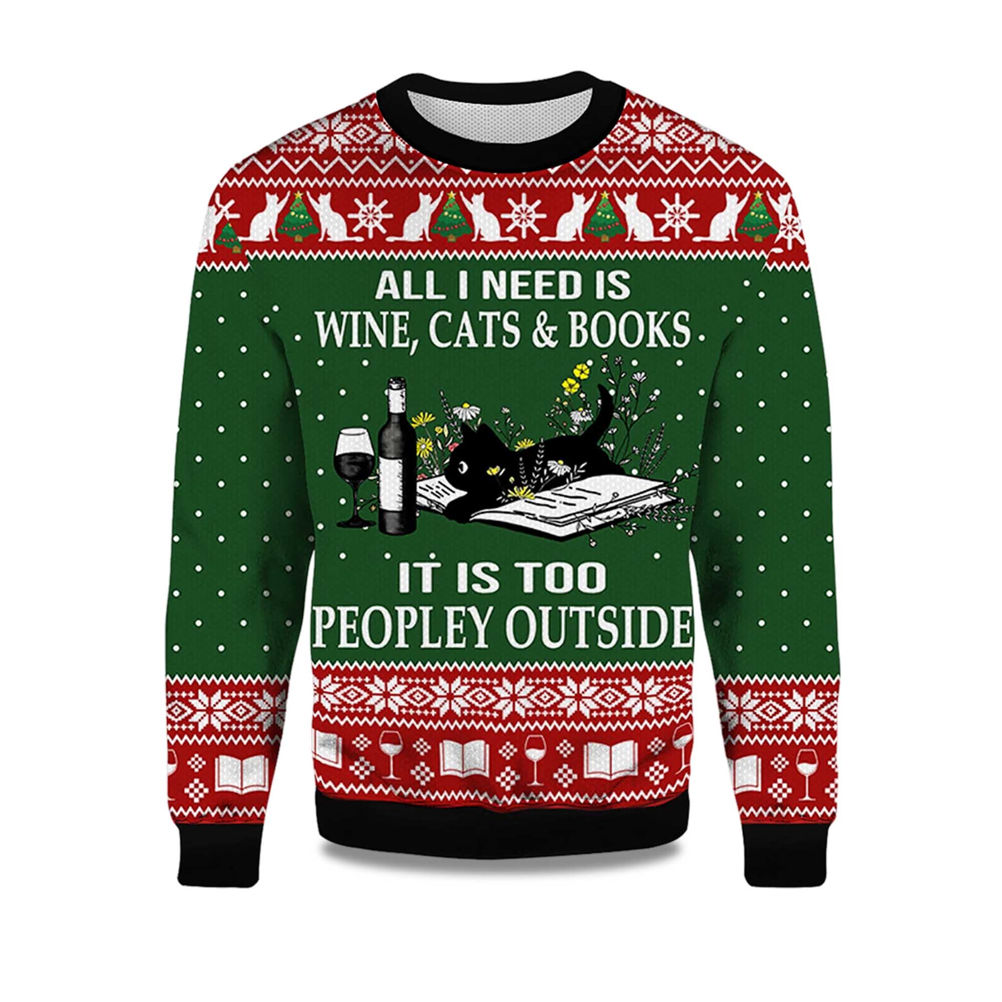 2025 All I Need Is Wine Cats And Books Black Cat Ugly Christmas Sweater