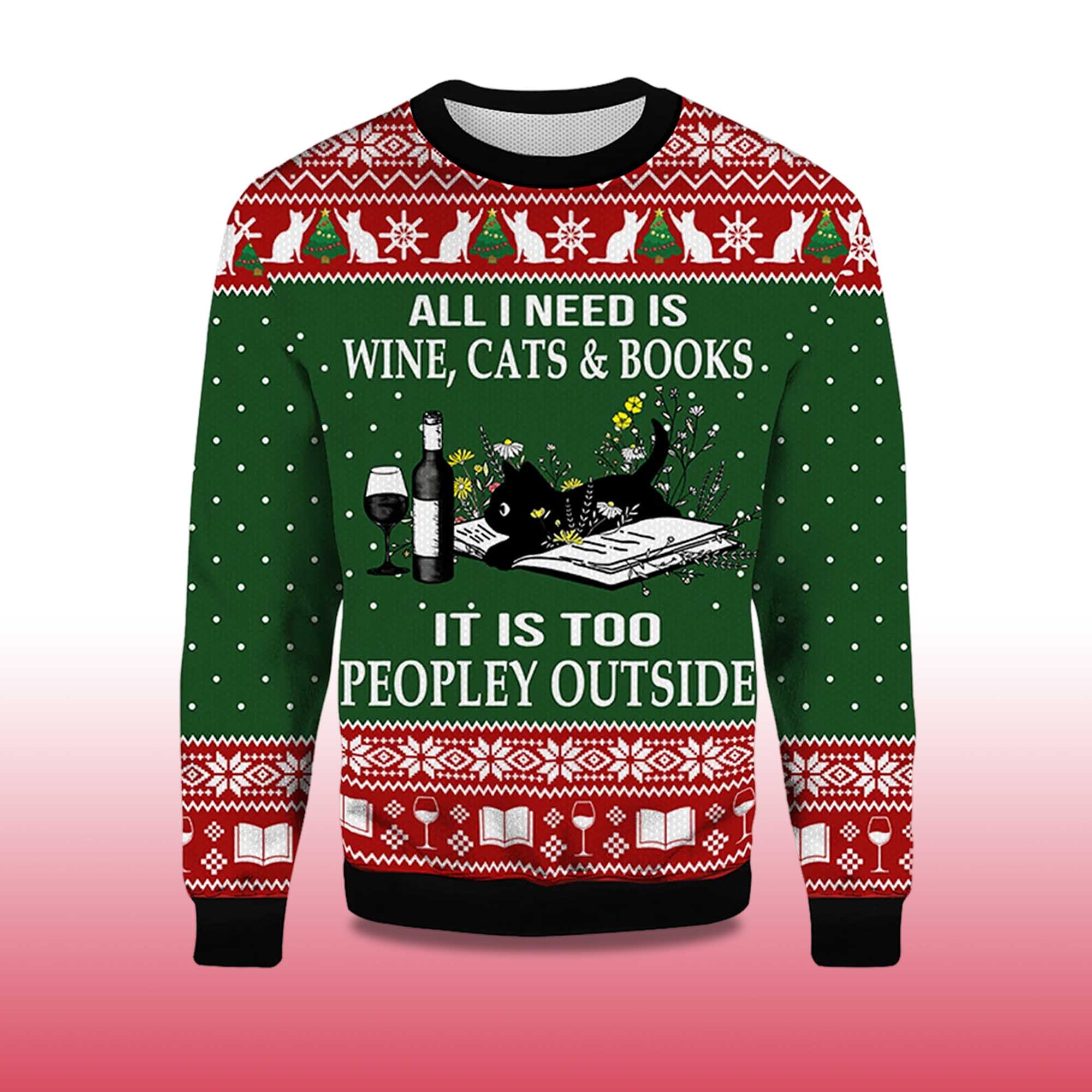 2025 All I Need Is Wine Cats And Books Black Cat Ugly Christmas Sweater - Image 2