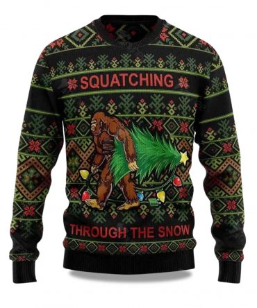 2025 Bigfoot Squatching Through The Snow Ugly Christmas Sweater