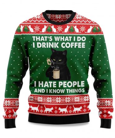 2025 Black Cat Drink Coffee Christmas Ugly Sweater