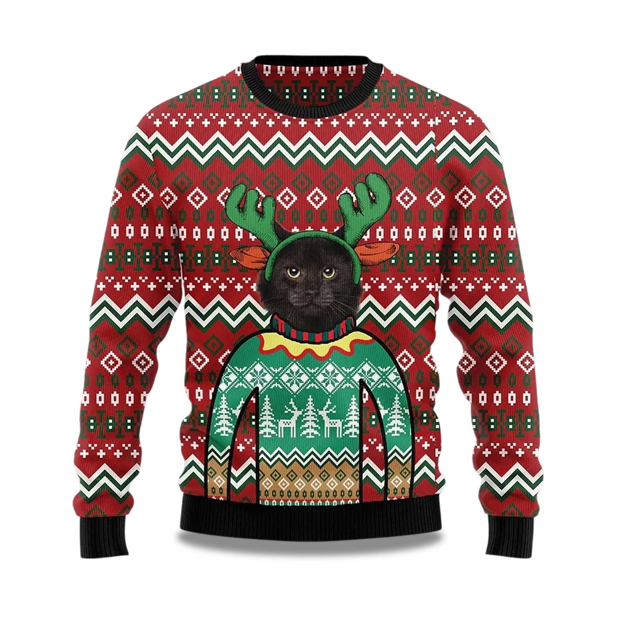 2025 Cat Reindeer Ugly Christmas Sweater