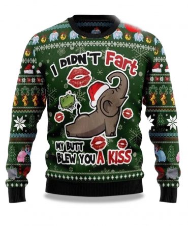 2025 Elephant I Didn’T Fart My Butt Blew You A Kiss Ugly Christmas Sweater