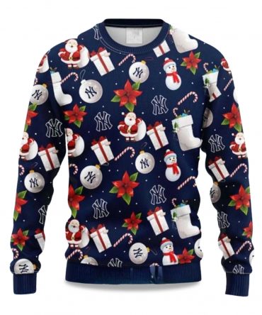 2025 Festive Yankees Christmas Santa And Ornaments Ugly Sweater