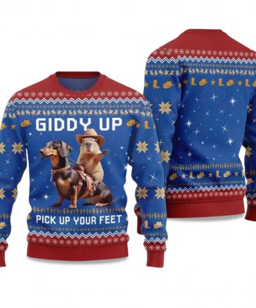 2025 Giddy Up Pick Up Your Feet Dachshund Capybara Ugly Christmas Sweater