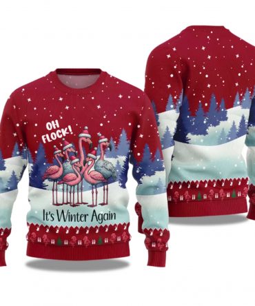 2025 Oh Flock It's Winter Again Flamingo Ugly Christmas Sweater