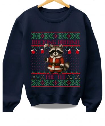 2025 Rocking Around The Tee Hockey Racoon Ugly Christmas Sweater