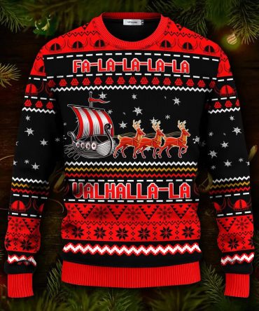 Red Falalalala Valhallala Viking Ships Viking Ugly Christmas Sweater