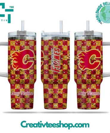 Personalized Calgary Flames Checkered Tumbler with Straw - Custom Name