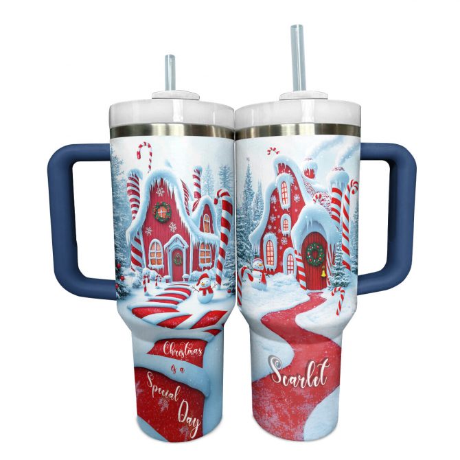 Candy Cane Cottage Christmas Custom Stanley Quencher 40oz Stainless Steel Tumbler With Handle