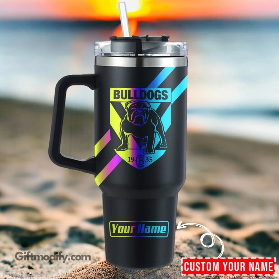 Custom Bulldog Tumbler with Handle - Personalized Name Insulated Travel Mug