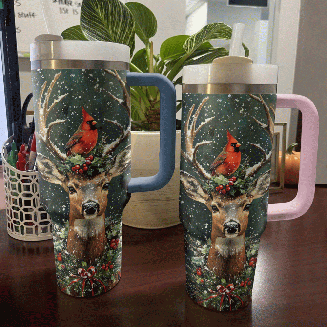 Cardinal And Deer Majesty Holiday Christmas Custom Stanley Quencher 40oz Stainless Steel Tumbler With Handle - Image 3