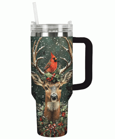 Cardinal And Deer Majesty Holiday Christmas Custom Stanley Quencher 40oz Stainless Steel Tumbler With Handle