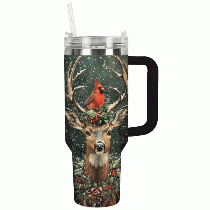Cardinal And Deer Majesty Holiday Christmas Custom Stanley Quencher 40oz Stainless Steel Tumbler With Handle