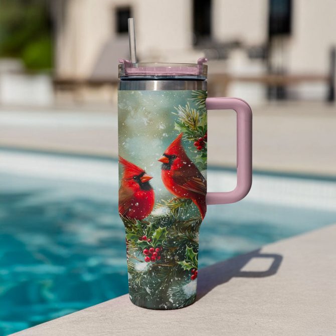 Cardinal Winter Wonderland Christmas Custom Stanley Quencher 40oz Stainless Steel Tumbler With Handle - Image 3