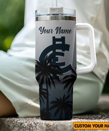 Personalized Palm Tree Travel Tumbler with Handle - Custom Name Insulated Mug