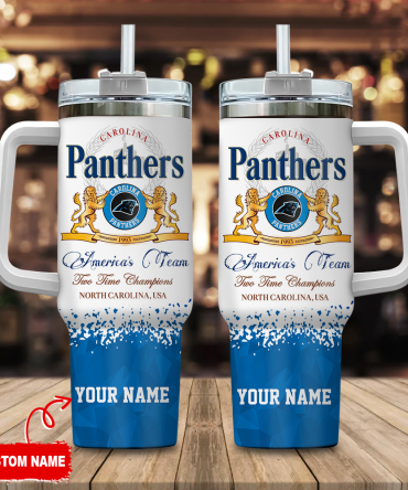 Custom Carolina Panthers Tumbler with Handle - Personalized Name, Championship Design
