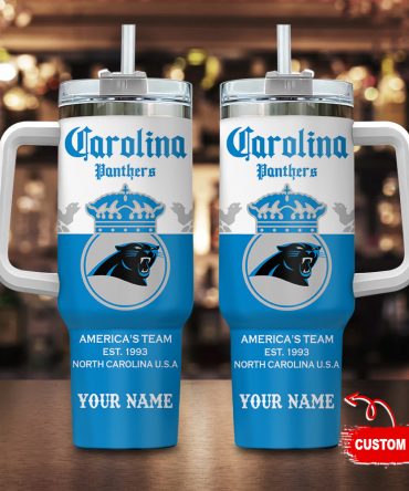 Custom Carolina Panthers Tumbler with Handle & Straw - Personalized Gift