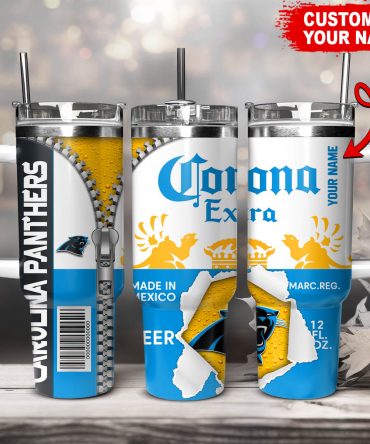 Customizable Carolina Panthers Beer Can Tumbler with Handle & Straw
