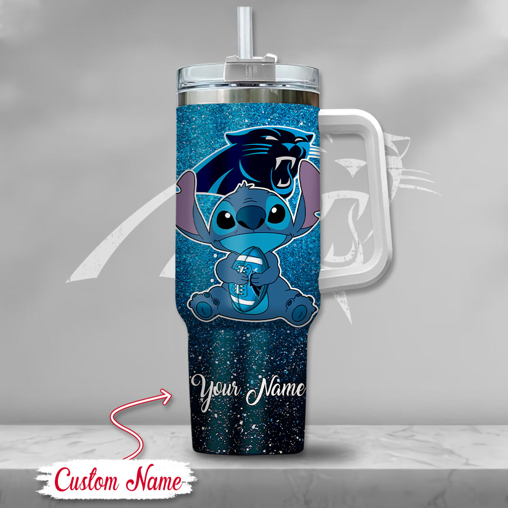 Custom Name Stitch Tumbler with Handle - Carolina Panthers Blue Glitter Design - Image 2