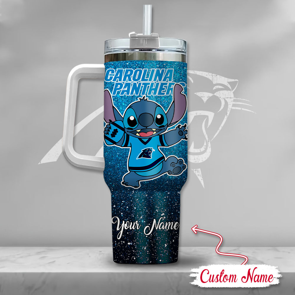 Custom Name Stitch Tumbler with Handle - Carolina Panthers Blue Glitter Design - Image 3