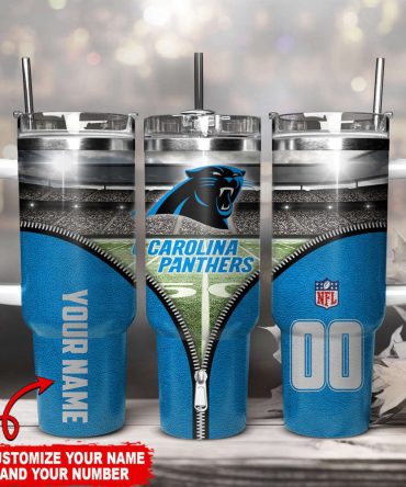 Personalized Carolina Panthers Tumbler with Handle - Custom Name & Number