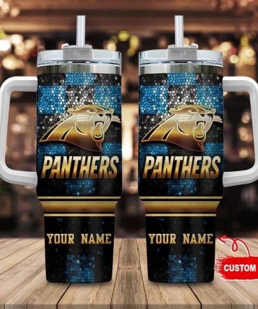 Custom Panthers Tumbler with Handle & Straw - Personalized Name Gift