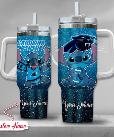 Custom Name Stitch Tumbler with Handle - Carolina Panthers Blue Glitter Design