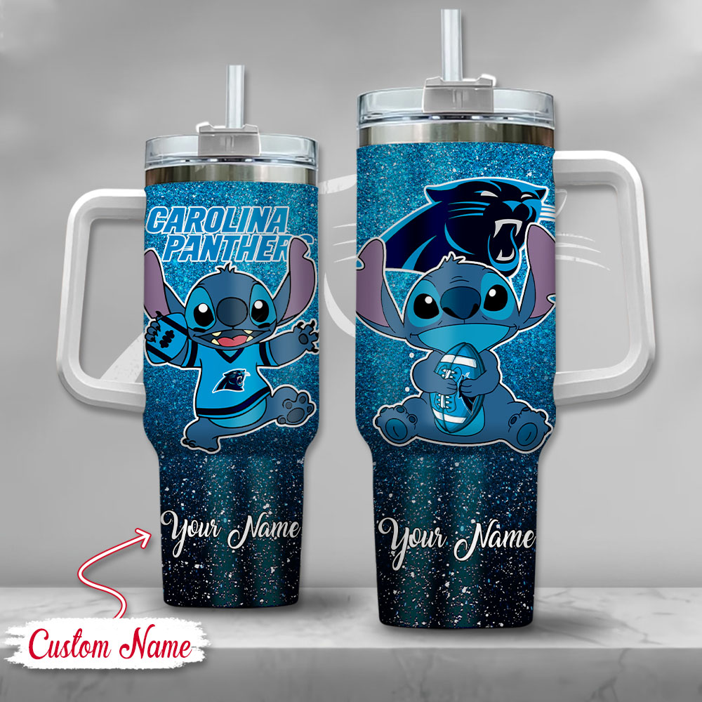 Custom Name Stitch Tumbler with Handle - Carolina Panthers Blue Glitter Design