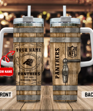 Custom Name NFL Panthers Tumbler - Personalized Wooden Barrel Design Mug