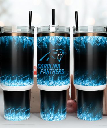 Carolina Panthers Flame Design Tumbler - Insulated Travel Mug with Handle and Straw