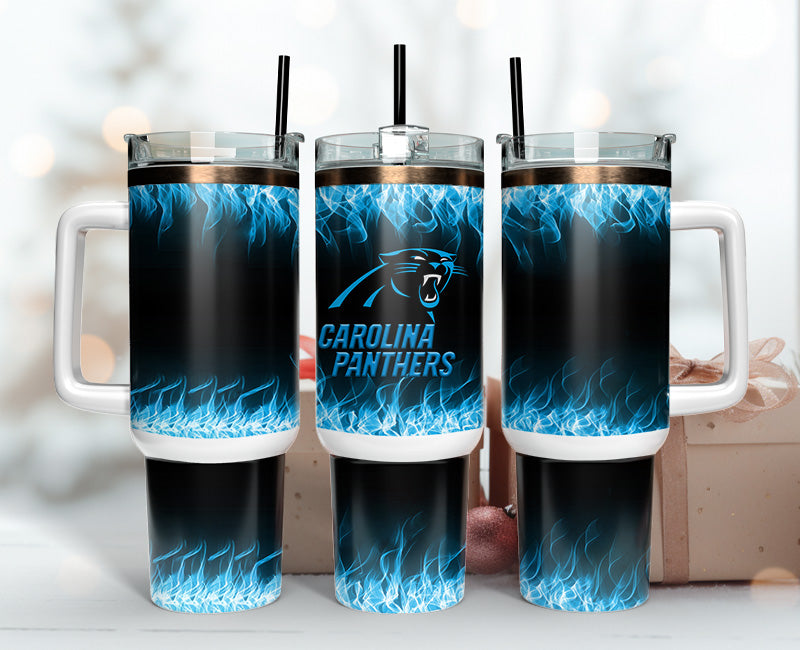 Carolina Panthers Flame Design Tumbler - Insulated Travel Mug with Handle and Straw