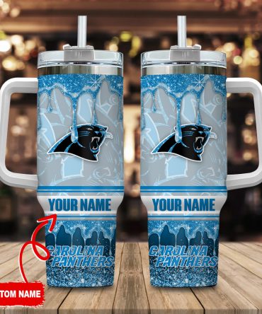 Custom Name Carolina Panthers Glitter Tumbler with Handle & Straw – Personalized Fan Gift