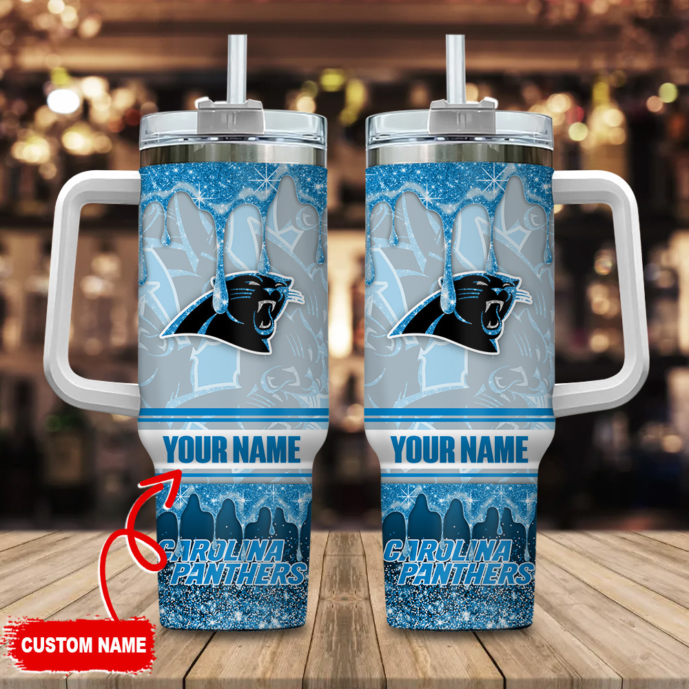 Custom Name Carolina Panthers Glitter Tumbler with Handle & Straw – Personalized Fan Gift