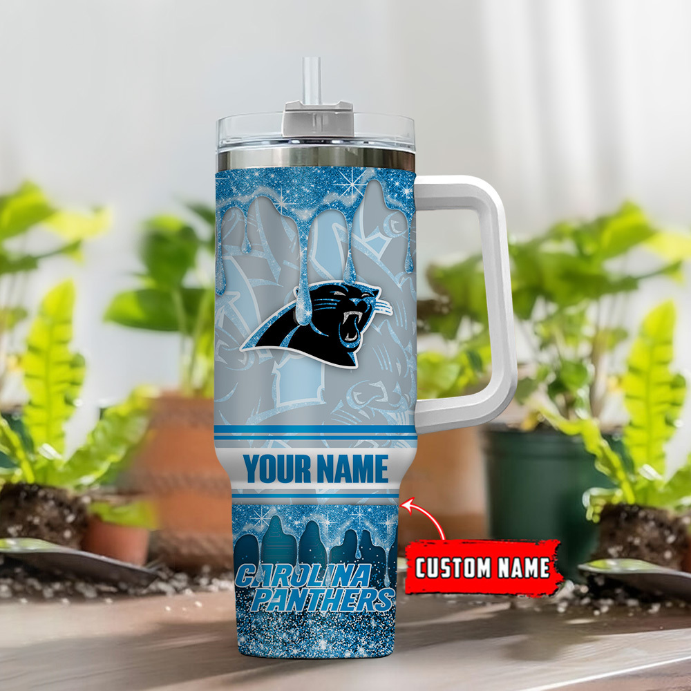 Custom Name Carolina Panthers Glitter Tumbler with Handle & Straw – Personalized Fan Gift - Image 2