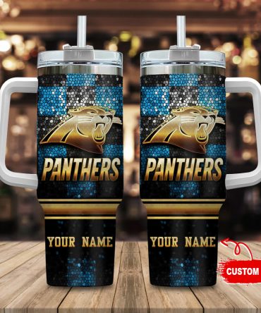 Personalized Panthers Travel Mug with Handle & Straw - Custom Name Gift