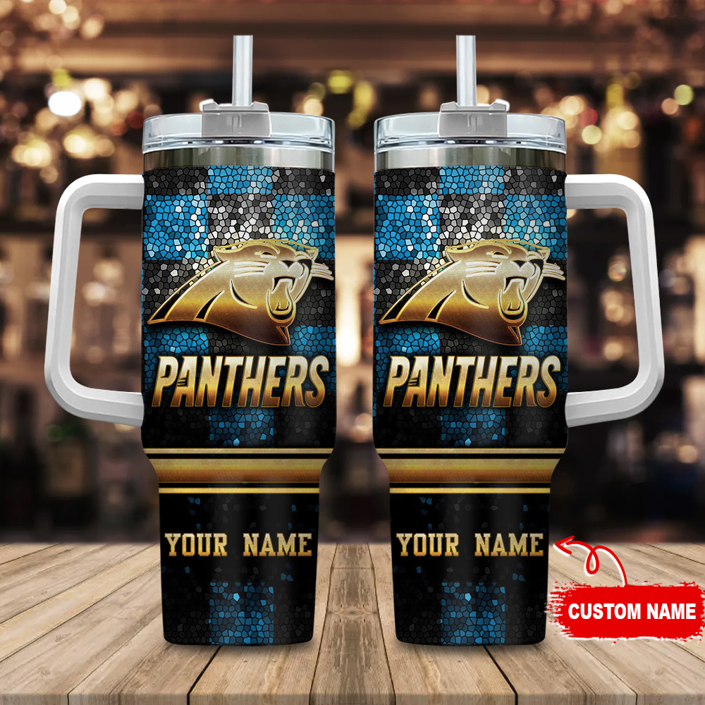 Personalized Panthers Travel Mug with Handle & Straw - Custom Name Gift