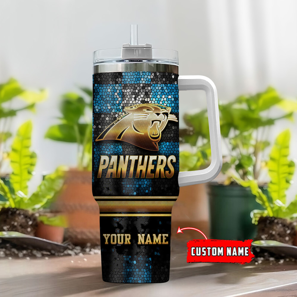 Personalized Panthers Travel Mug with Handle & Straw - Custom Name Gift - Image 2