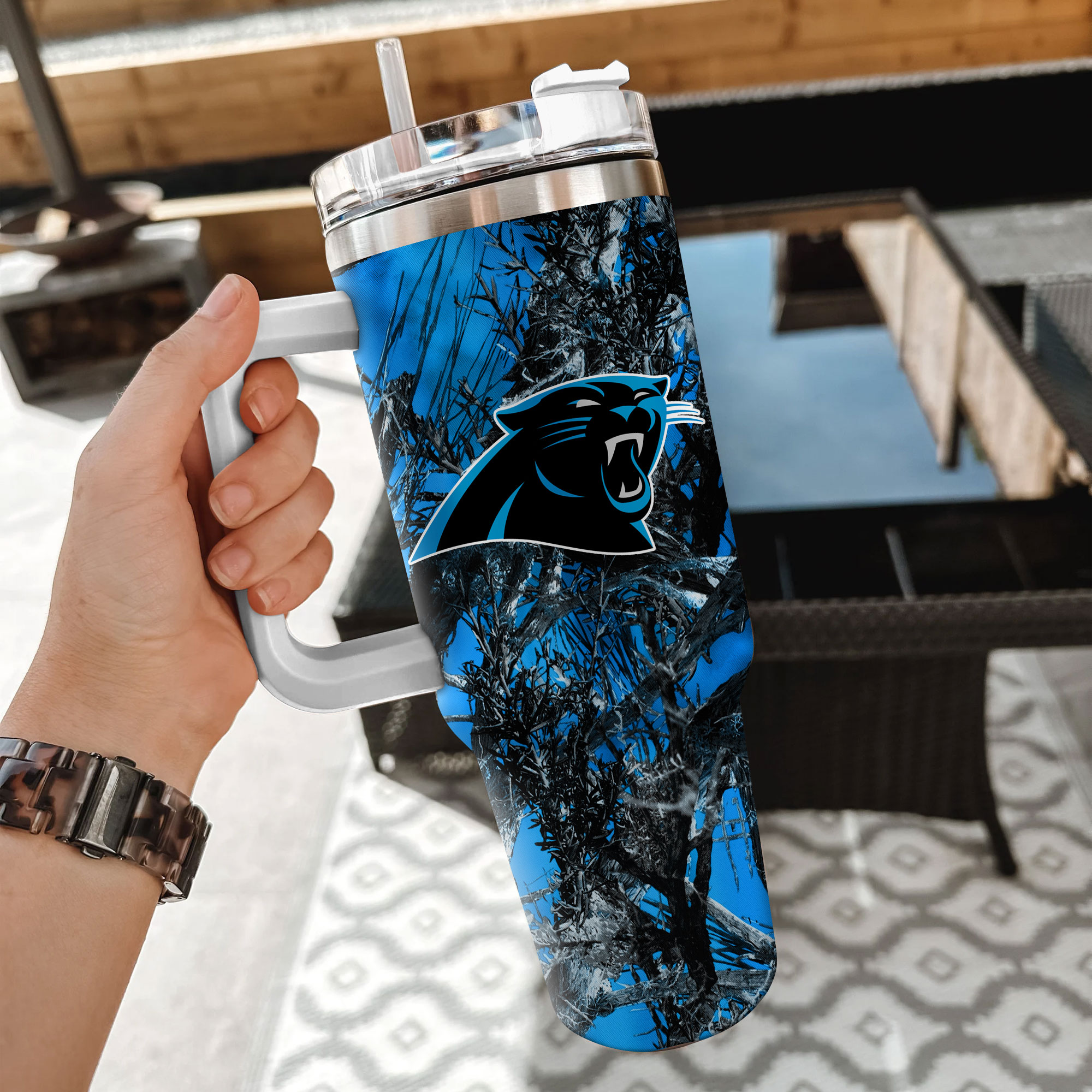 Carolina Panthers Camouflage Travel Tumbler with Handle - 40oz - Image 2