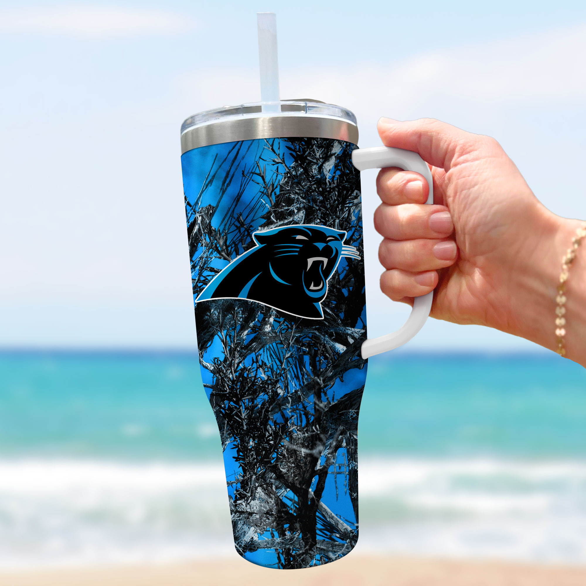 Carolina Panthers Camouflage Travel Tumbler with Handle - 40oz - Image 3