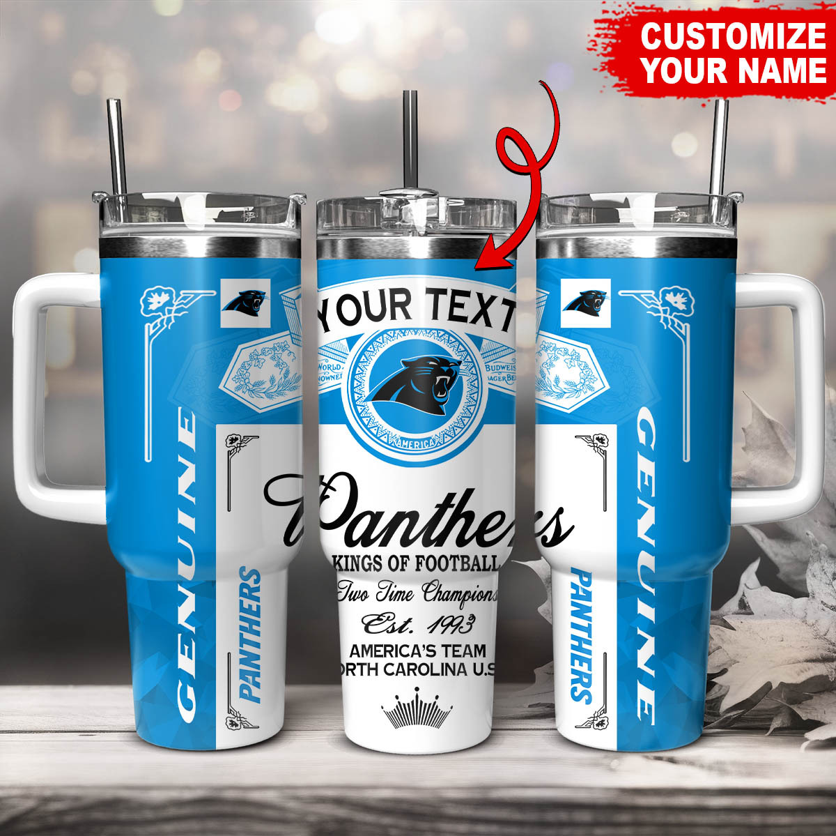 Customizable Panthers Travel Mug with Handle - Personalized Name Football Tumbler