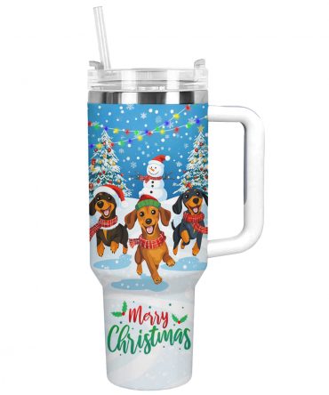 Cheerful Christmas Dachshund Custom Stanley Quencher 40oz Stainless Steel Tumbler With Handle
