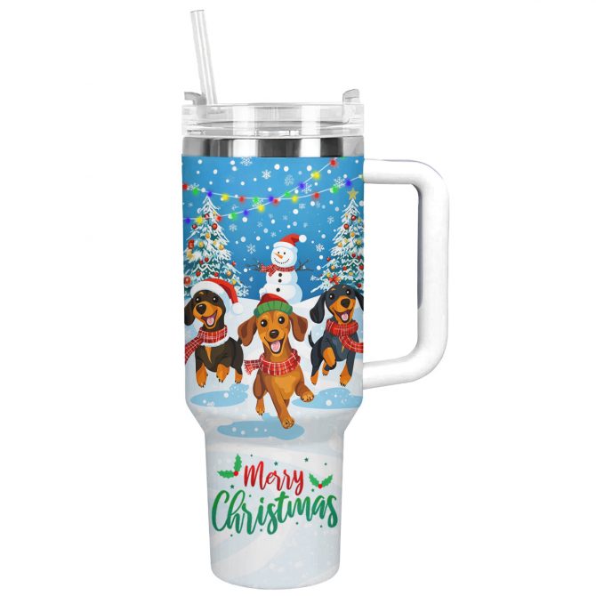 Cheerful Christmas Dachshund Custom Stanley Quencher 40oz Stainless Steel Tumbler With Handle