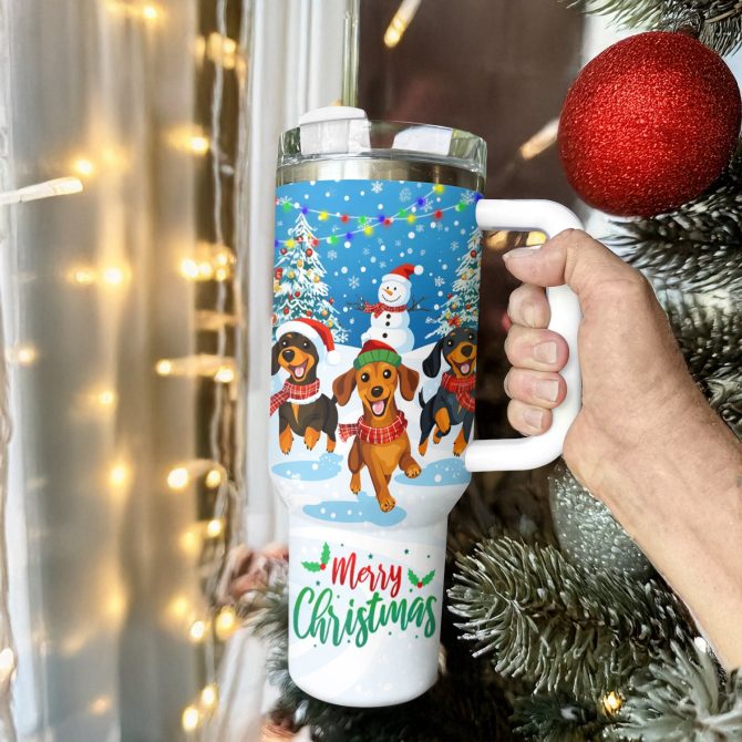 Cheerful Christmas Dachshund Custom Stanley Quencher 40oz Stainless Steel Tumbler With Handle - Image 3
